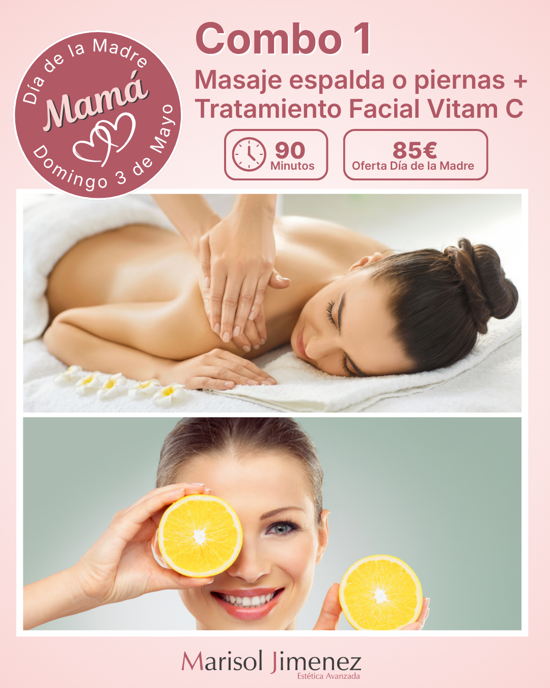 Combo 1 | Masaje espalda o piernas + Tratamiento Facial Vitamina C